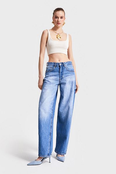 its basic Blugi de damă de culoare Blue Barrel Fit Jeans - 10S5-4 cu cataramă pentru curea, 100% denim Koton
