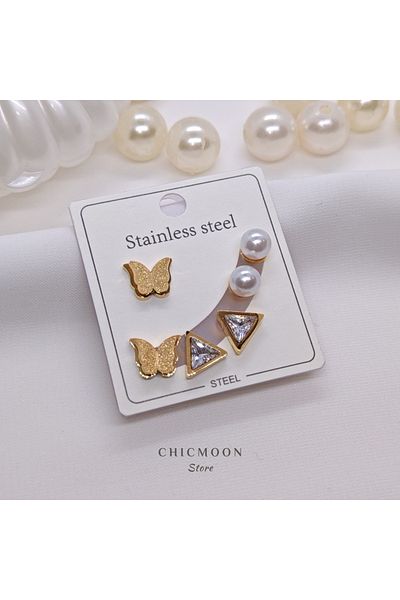 CHICMOON STORE Steel Butterfly Multiple Earrings with Pearls