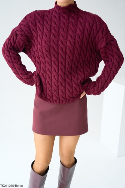 Lupies Women's Burgundy Half Fisherman Hair Braided Knitwear Sweater