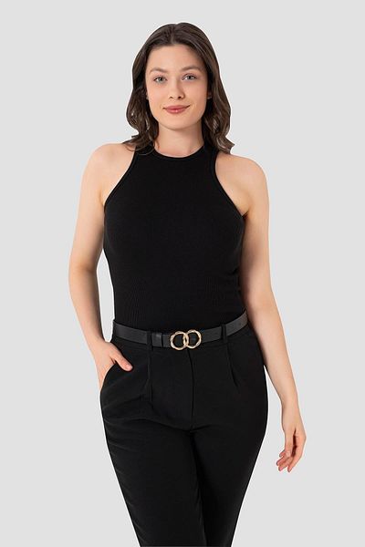 Arma Yıldız Women's Cotton Ribbed Look Halter Neck Basic Black Undershirt