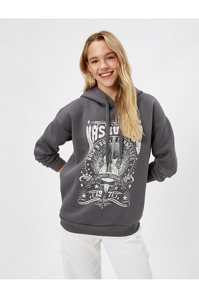 Koton Hooded Sweatshirt Printed Relaxed Cut Ribbed Long Sleeve