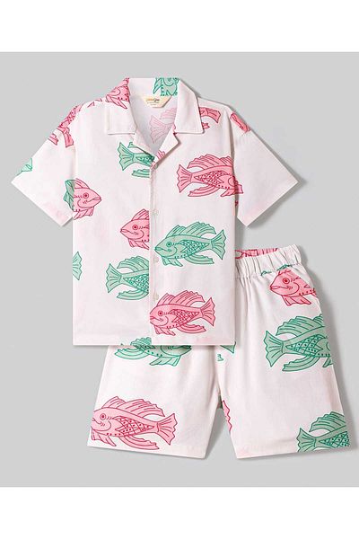 Primo Gino Primo Gino 100% Rayon Woven Half Drop Shoulder Sleeve Shirt & Shorts Co-Ord Set Fish Print-White