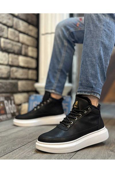 WEBORN Men's Daily Faux Leather Black White Water Resistant Comfortable Winter Boots with Fur Inside Laced Stylish