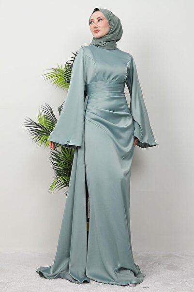 GİZ AGİYİM Yasemin Saten Abiye Açık Mint