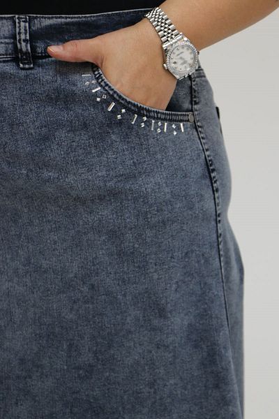 Eslina 45015 Plus Size Pocket Edge Jeans Skirt with Stone Detail - Cold Blue