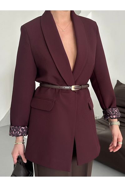 Laluvia Pflaumenfarbene, mit Leoparden gefütterte Jacke mit Schalkragen-9227
