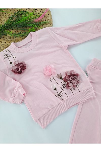 Butik Embroidery Patterned Bead Polka Dot Seasonal Double Suit for Girl and Baby - Button Detailed