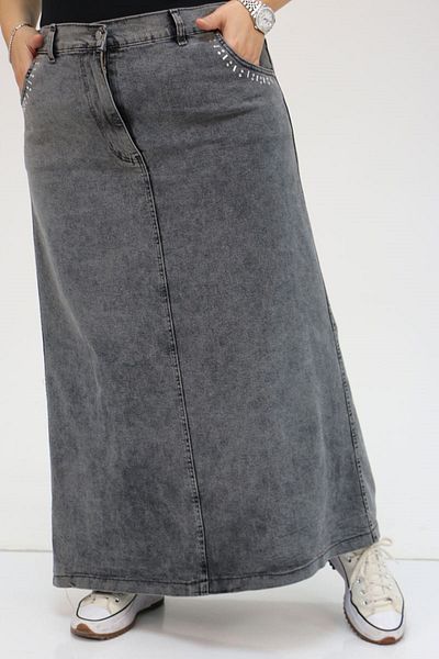 Eslina 45015 Large Size Jeans Skirt with Pocket Edge and Stone Detail - Gray