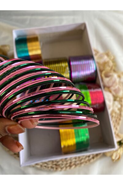 Home 24'lü Hint Metal Bilezik Seti – Açık Pembe & Koyu Yeşil (Mat ve Parlak Tasarım, 2.10 Boyut)