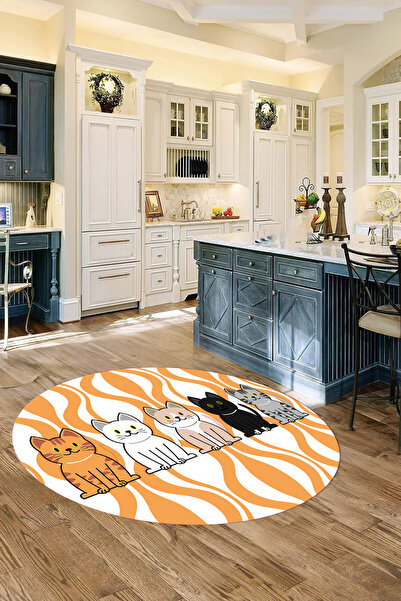 Napoli Home Dijital Baskılı Kedi Figürlü Yıkanabilir Kaymaz Taban Yuvarlak Sa...