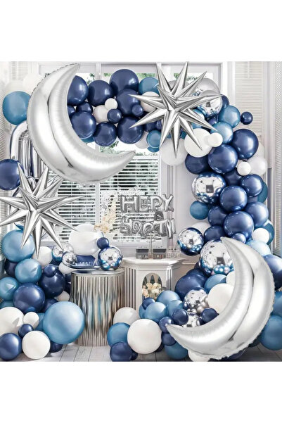 Çemrek Süs Parti Gece Mavisi Krom Metalik MAvi Beyaz Gümüş Balon Zinciri Seti...