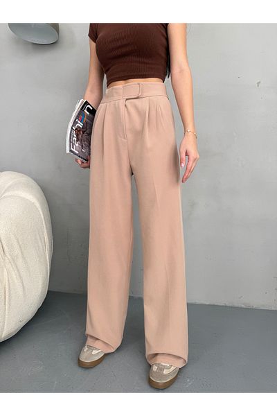 alanora Women's Velcro Closure Wide Leg Palazzo Fabric Trousers