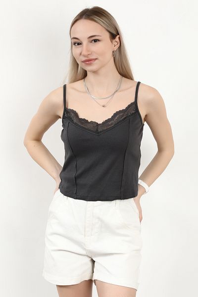 GİYSA Anthracite Strappy Γυναικεία Μπλούζα με Δαντέλα Λεπτομέρεια - MS 0000569