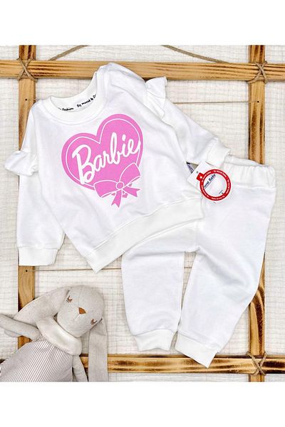 Murat Baby Baby Girl Printed Ruffle Detailed Cotton White Bottom Top Set