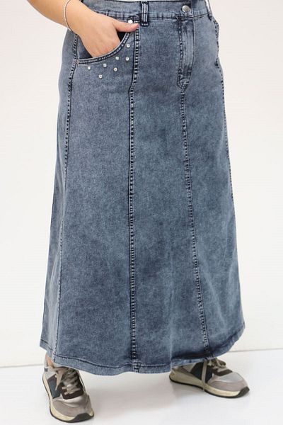 Eslina 45007-1 Plus Size Blue Denim Skirt with Pieces and Stone Detail