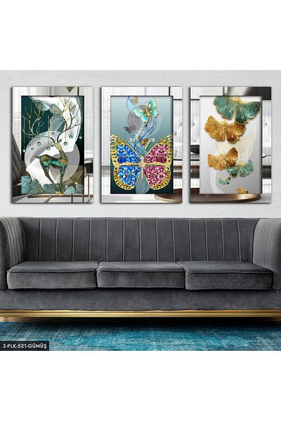 Evinemoda Kelebek Geyik Silver 3 piese de pictură cu oglindă din plexiglas