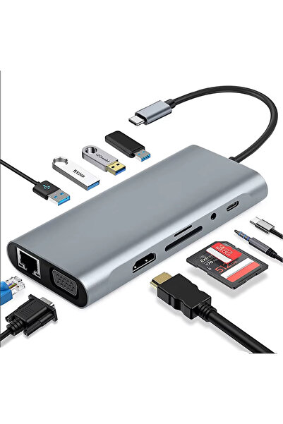 TECHNOMEN 11 In 1 Type-c To Usb Hub Port Uyumlu Adaptör Hdmı 4x Usb Lan Vga S...