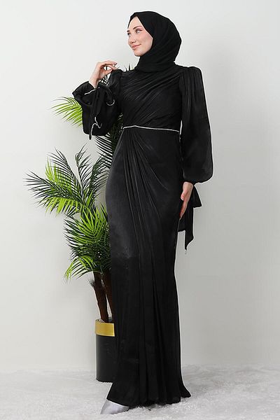 GİZ AGİYİM Μαύρο Χιτζάμπ Βραδινό Φόρεμα - İdil Model