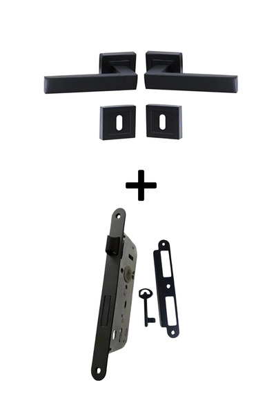 bersayapı Lama Rozetli Oda Kapı Kolu ve Sesiz Gömme Kilit Mat siyah 1 Kapılık Takım Siyah Kapı Kilidi 40mm