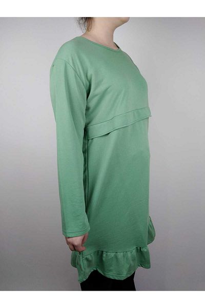 YAŞAR TRİKO Women's Mint Green Robe Crew Neck Ruffle Long Sleeve Two Thread Tunic