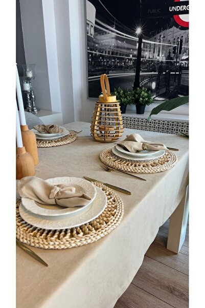Decamor home Velvet Textured Carefree Beige Tablecloth (Napkin Not Included)