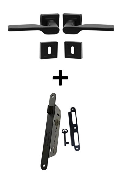 bersayapı Veroni Rozetli Oda Kapı Kolu ve Sesiz Gömme Kilit Mat siyah 1 Kapılık Takım Siyah Kapı Kilidi 40mm