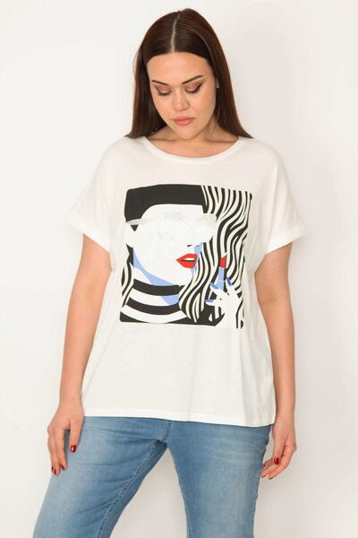 Şans Γυναικεία Μπλούζα από Λευκό Βαμβακερό Ύφασμα Plus με γκλίτερ και στάμπα λεπτομέρεια 65n32227