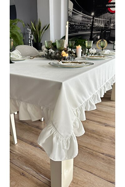 Decamor home Seamless Velvet Textured Vintage Ruffled White Rectangular Tablecloth (Napkin Not Included)