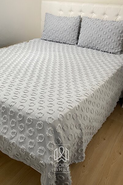 WorthWhile Gri Ponponlu Şönil Yatak Örtüsü Modelleri Çift Kişilik 200 x 240 | Evinize Değer Katın