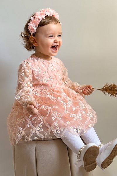 ALYRA Girl Child Baby Long Sleeve Daisy Floral Tulle Birthday Wedding Party Special Occasion Eid Dress