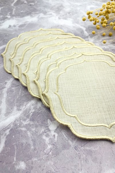WEARE2 Cream Beige Color Beige Double Wrap Embroidered 6-Piece Cocktail Napkins