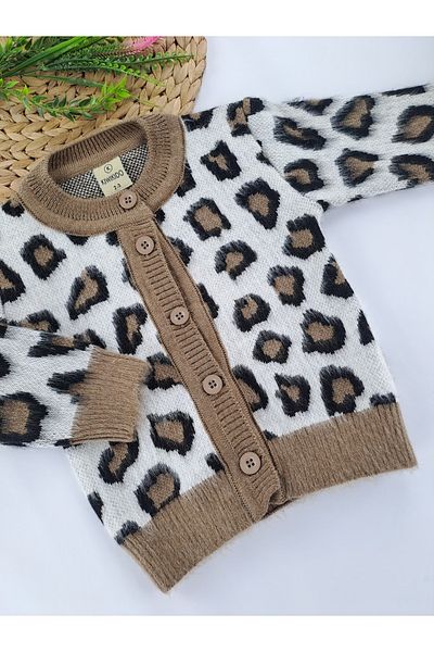 Butik Дебел плетен кардиган с леопардов шарен мотив за момиче, първокласно качество