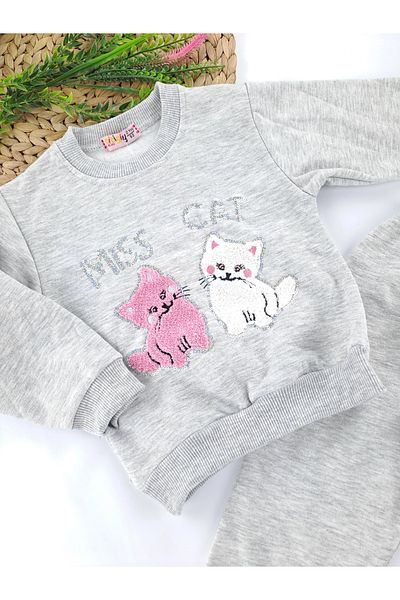 Butik Girls' Tracksuit Set 2 Thread Raster with Fleece Inside Daisy and Cat Embroidery