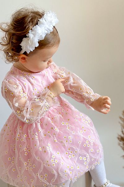 ALYRA Girl Child Baby Long Sleeve Daisy Floral Tulle Birthday Wedding Party Special Occasion Eid Dress