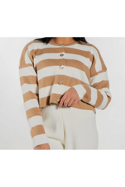 ZARİFSTORE Knitwear Set Gold Buttoned Stripe Detailed Cardigan and Palazzo Trousers