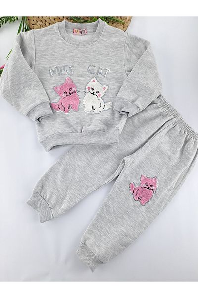 Butik Girls' Tracksuit Set 2 Thread Raster with Fleece Inside Daisy and Cat Embroidery