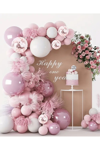 Çemrek Süs Parti Toz Pembe Pink Blush Beyaz Şeffaf Pullu Balon Zinciri Seti 8...