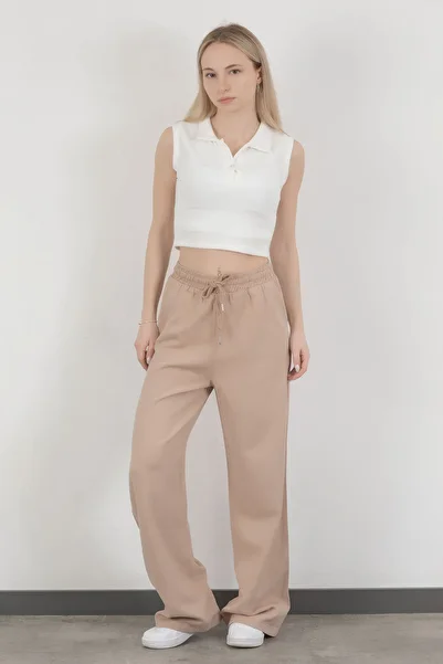 GİYSA Women's Elastic Waist Lace-Up Wide Leg Trousers Beige - 4707