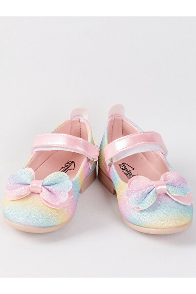 NS Little Duhové vzorované baleríny pro dívky – s mašlí a suchým zipem, úzký střih