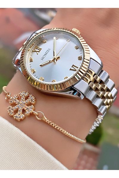 Homies Brand Yellow Silver Color Waterproof Women's Wristwatch - With Bracelet Gift