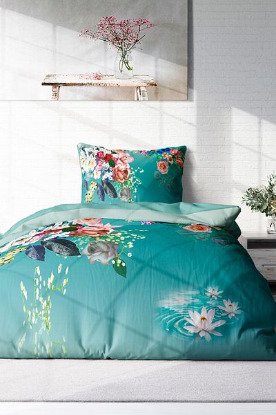 MonoHome Turquoise Floral Patterned Single Duvet Cover Set - 100% Cotton Satin