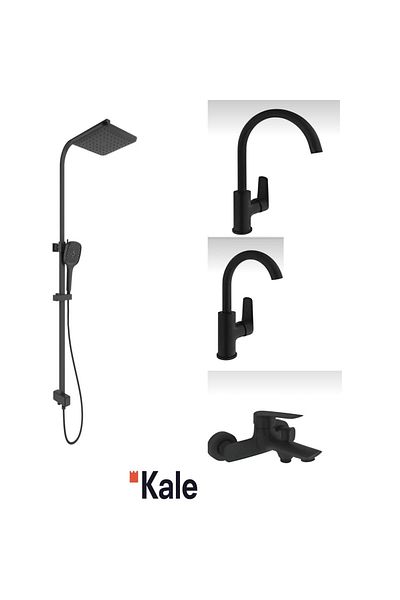 KALE Tandem Bathroom +Rotary Sink + Kitchen Battery and Rain Square Push Button Shower Money Black