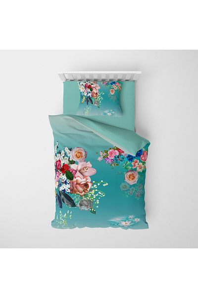 MonoHome Turquoise Floral Patterned Single Duvet Cover Set - 100% Cotton Satin