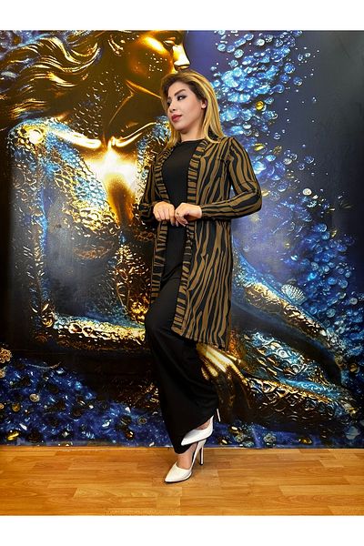 Yeşilmoda Suit Three-Piece Top, Trousers, Cardigan Liter Viscose Fabric Lines Casual Long Sleeve