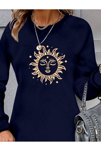 REKA MODA    Women's Long Sleeve Crew Neck Sun Pattern Viscose Two Thread Dress