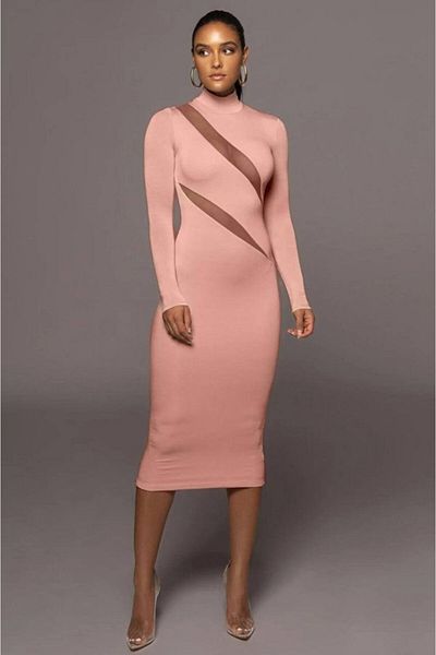 Almina tasarım Women's Turtleneck Long Sleeve Asymmetrical Tulle Low-Cut Deal Merch Midi Length Dress