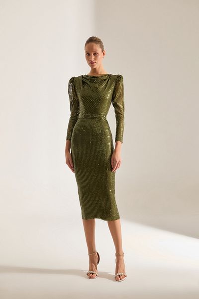 BETTY & SAM Degaje Neckline Pencil Skirt Khaki Glitter Sequin Engagement Dress