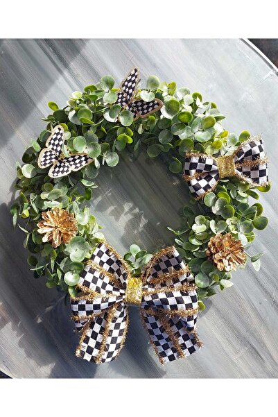 lolipophobi Damalı Okaliptuslu Lüks Kapı Süsü 30 Cm, Dekor, Dama, Çember, Çelenk