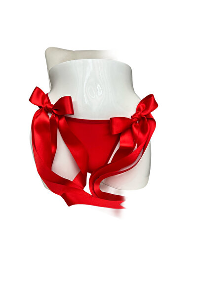 UNDE Kırmızı Siyah Tüylü Kanat Detaylı Çift Saten Kurdele Kadın String