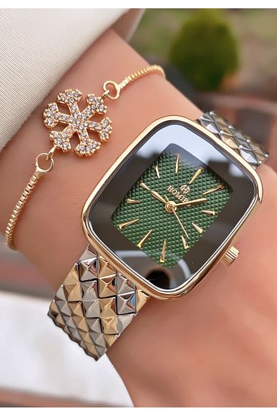 Homies Yellow Silver Colored Waterproof Square Women's Wristwatch and Bracelet Gift